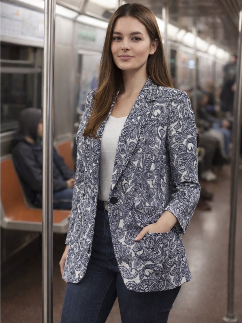Jones New York White & Navy Paisley Blazer